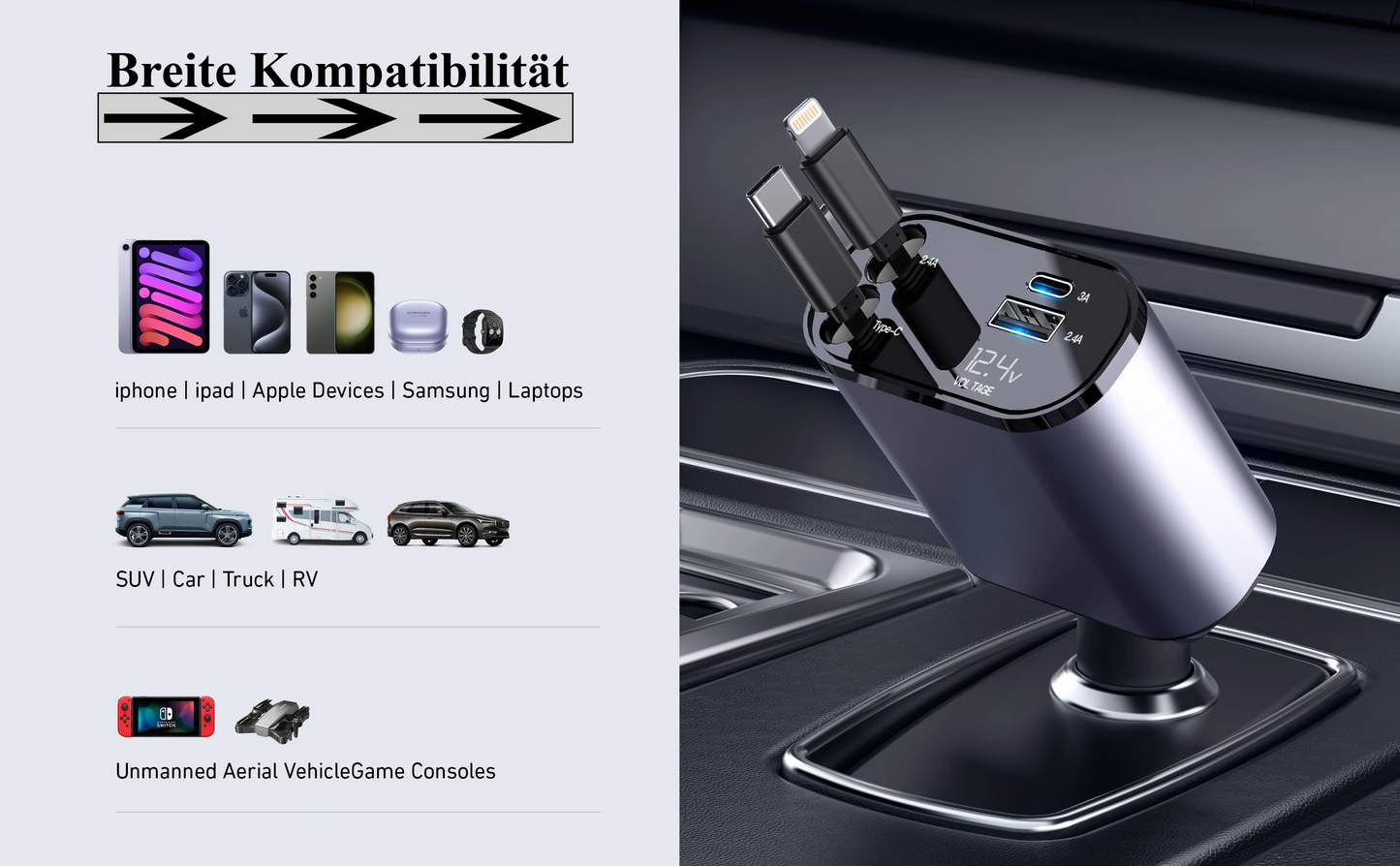 4 in 1 einziehbares 120W Auto Ladegerät